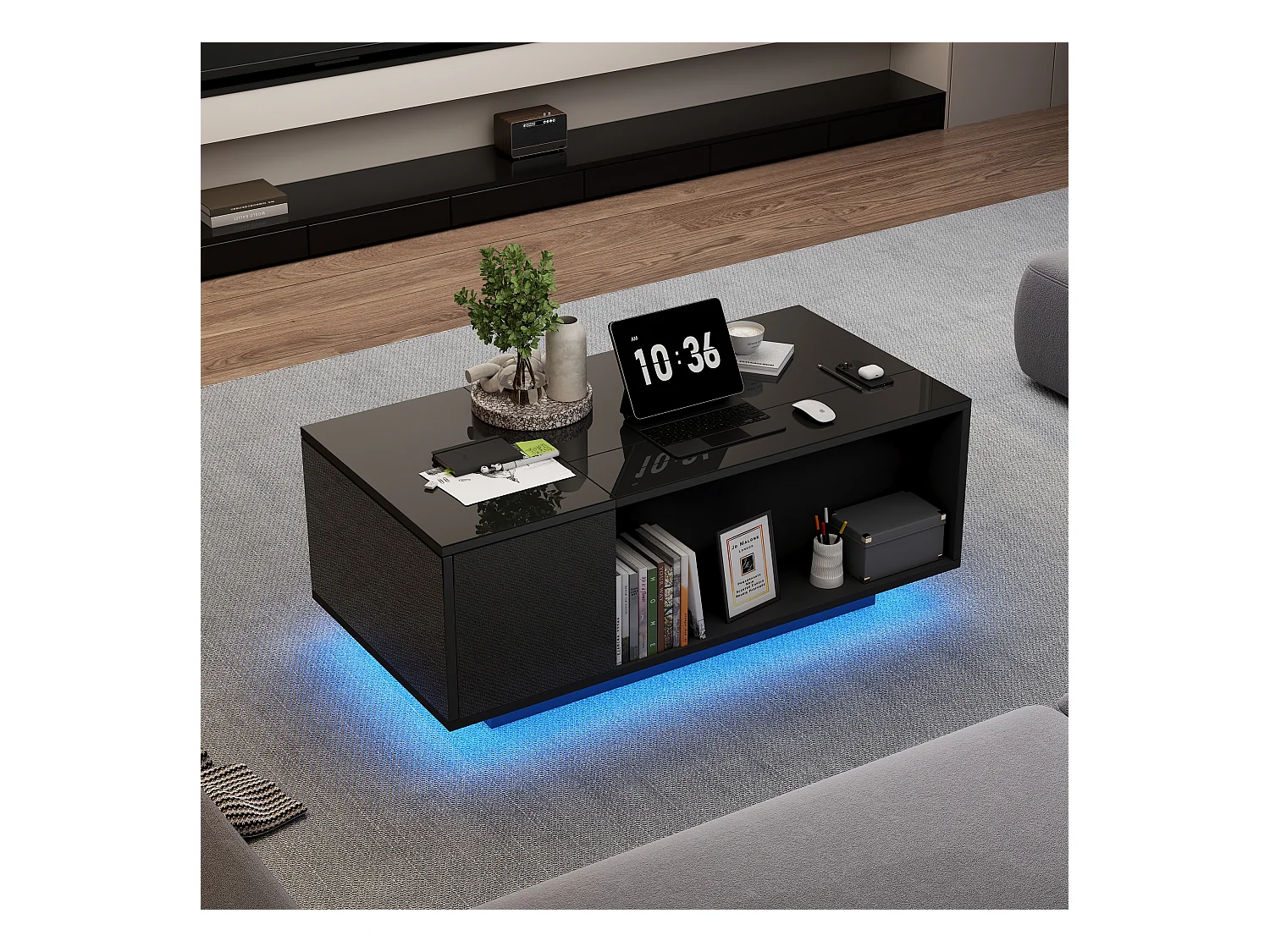 Table basse relevable - 100 x 50 x 40 cm - avec rangement dissimulé + Leds + 1 tiroir -aggloméré - noir