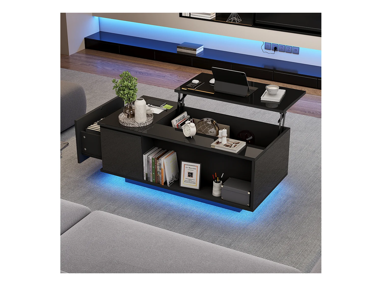 Hochklappbarer Couchtisch – 100 x 50 x 40 cm – mit verstecktem Stauraum + LEDs + 1 Schublade – Spanplatte – Schwarz