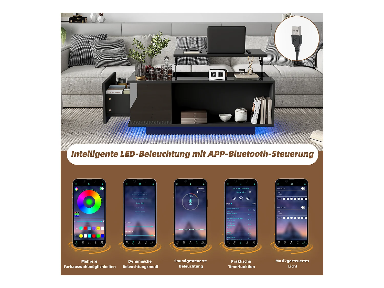 Hochklappbarer Couchtisch – 100 x 50 x 40 cm – mit verstecktem Stauraum + LEDs + 1 Schublade – Spanplatte – Schwarz