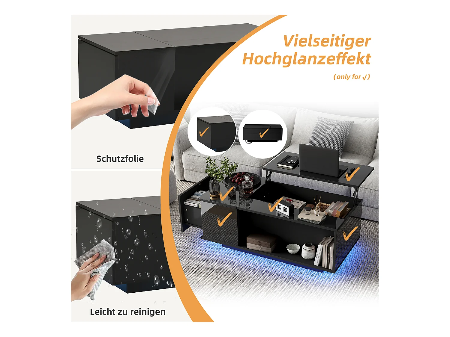 Hochklappbarer Couchtisch – 100 x 50 x 40 cm – mit verstecktem Stauraum + LEDs + 1 Schublade – Spanplatte – Schwarz