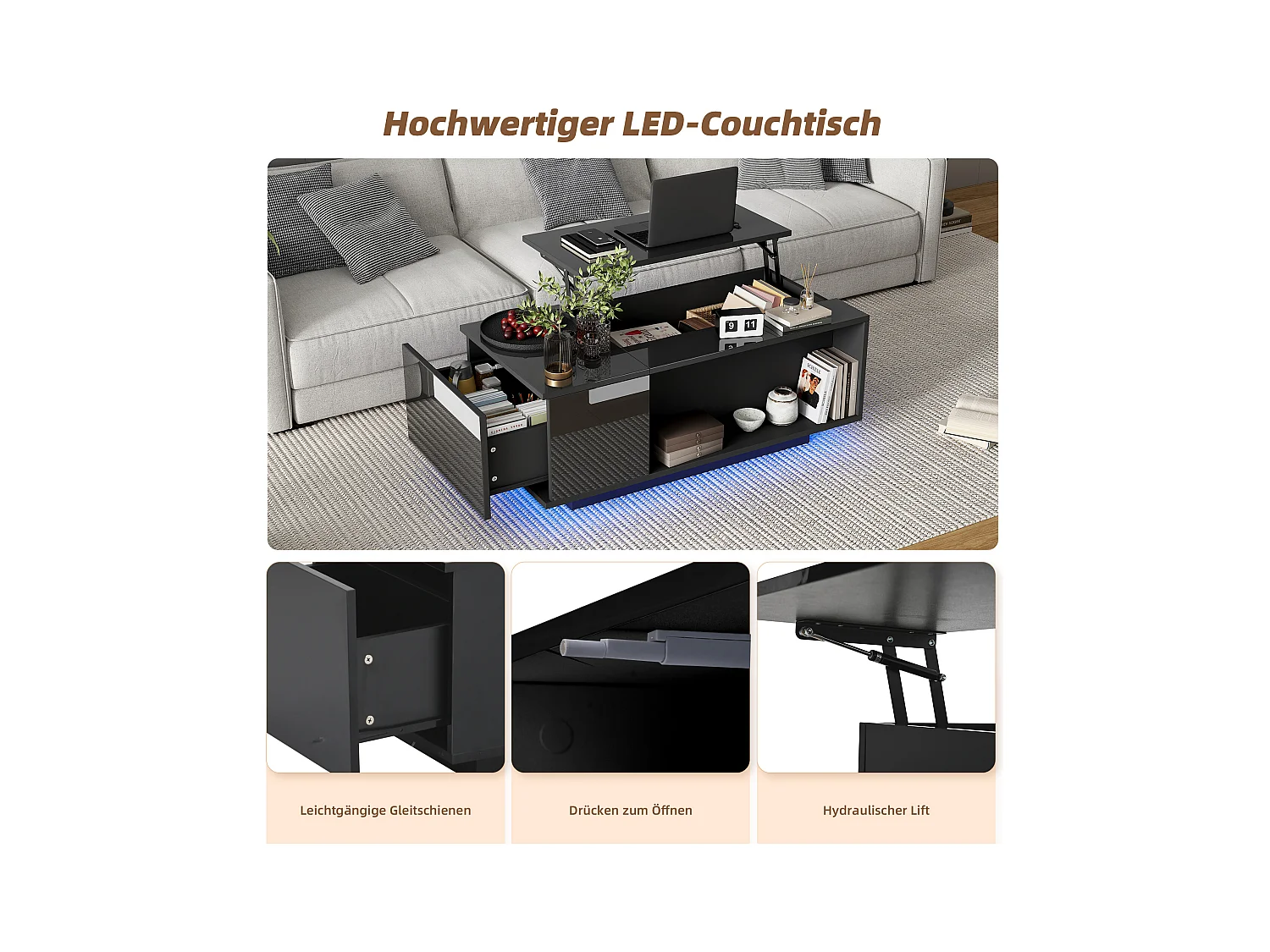 Hochklappbarer Couchtisch – 100 x 50 x 40 cm – mit verstecktem Stauraum + LEDs + 1 Schublade – Spanplatte – Schwarz