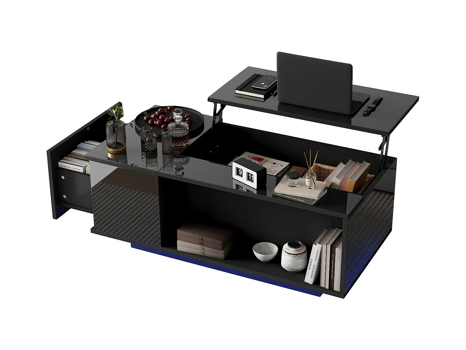 Hochklappbarer Couchtisch – 100 x 50 x 40 cm – mit verstecktem Stauraum + LEDs + 1 Schublade – Spanplatte – Schwarz