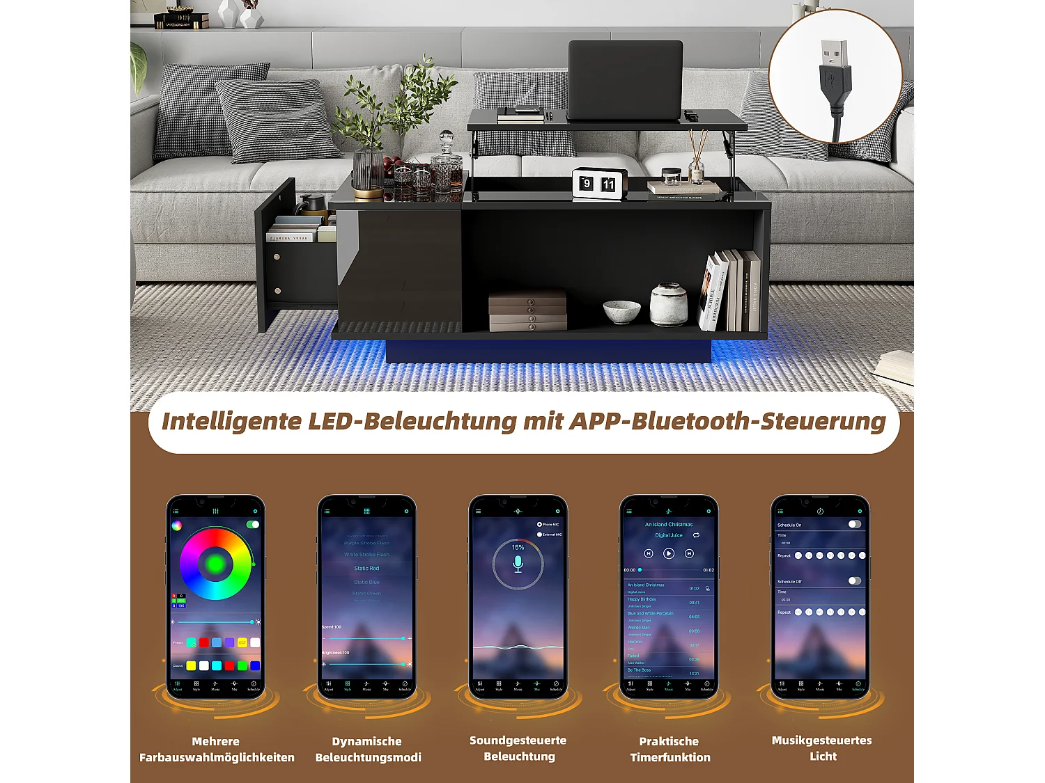 Tavolino sollevabile - 100 x 50 x 40 cm - con vano portaoggetti nascosto + LED + 1 cassetto - truciolato - nero