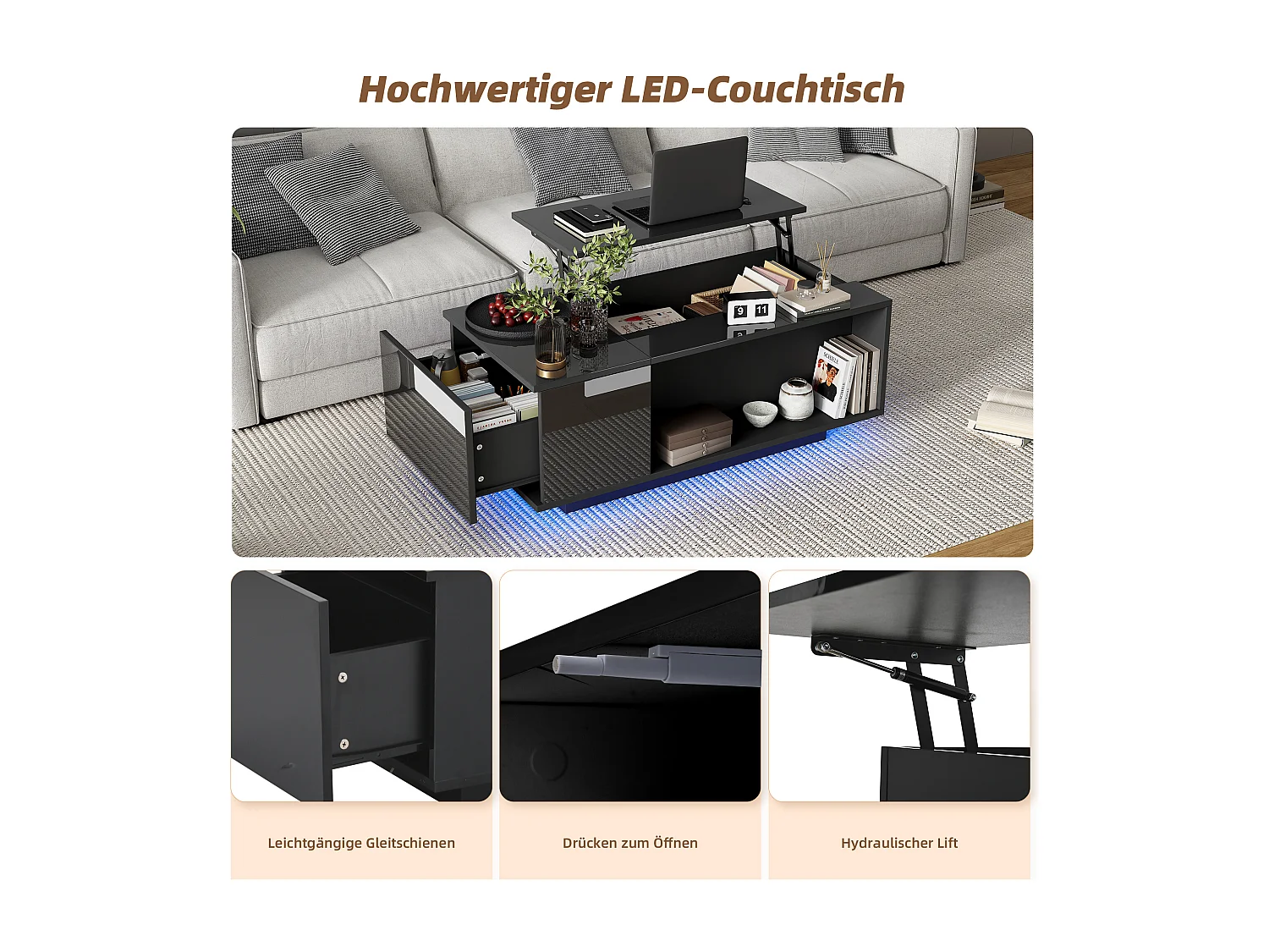 Tavolino sollevabile - 100 x 50 x 40 cm - con vano portaoggetti nascosto + LED + 1 cassetto - truciolato - nero