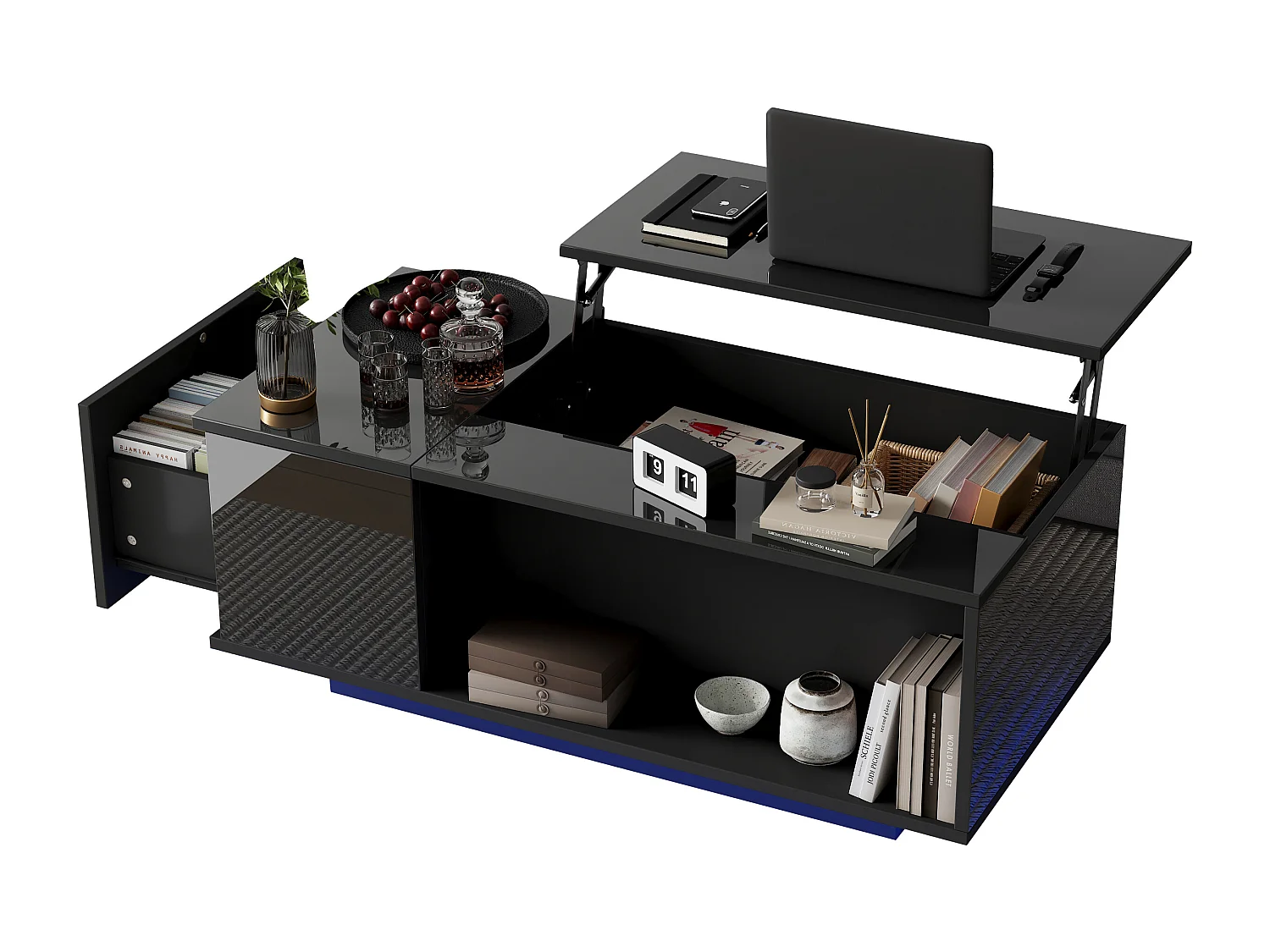 Tavolino sollevabile - 100 x 50 x 40 cm - con vano portaoggetti nascosto + LED + 1 cassetto - truciolato - nero