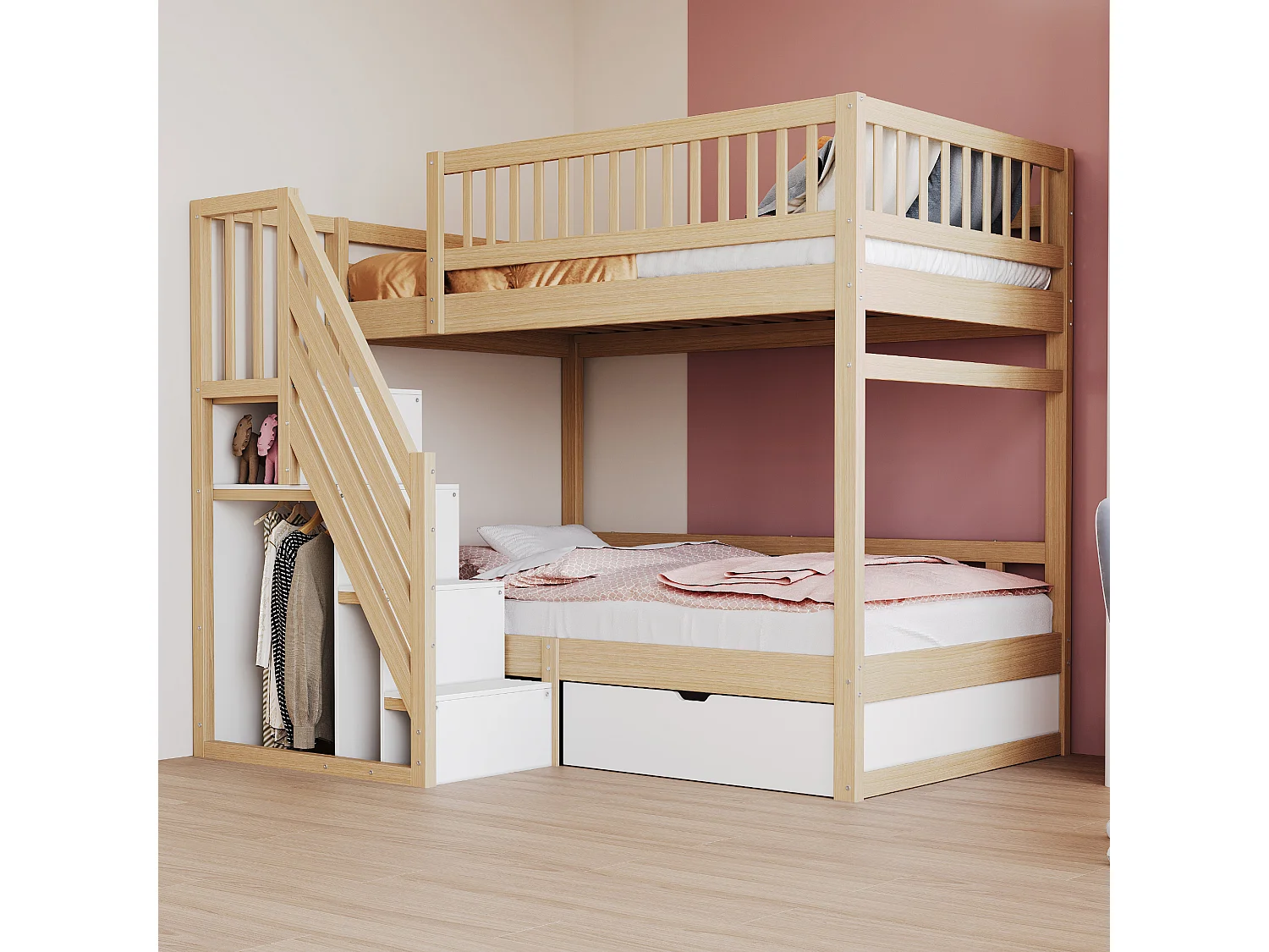 Stapelbed van massief hout 140x200 cm met ladder, bureau, planken en kledingkast, wit (205x95x173 cm)