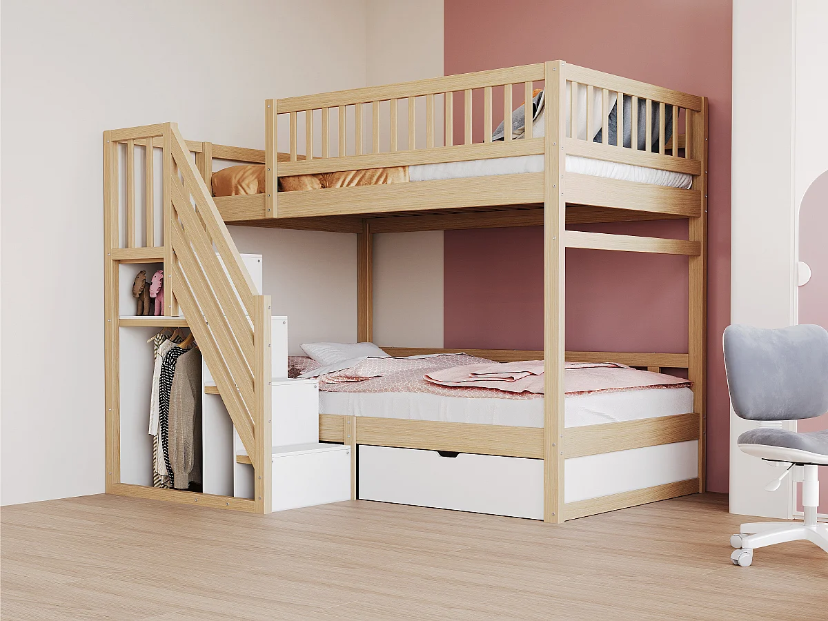 Stapelbed van massief hout 140x200 cm met ladder, bureau, planken en kledingkast, wit (205x95x173 cm)