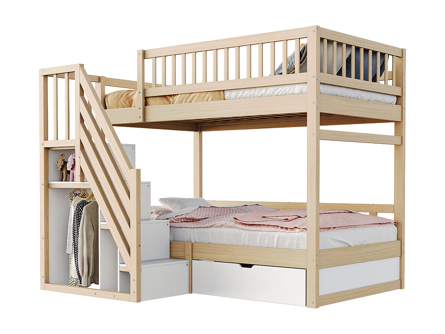 Stapelbed van massief hout 140x200 cm met ladder, bureau, planken en kledingkast, wit (205x95x173 cm)