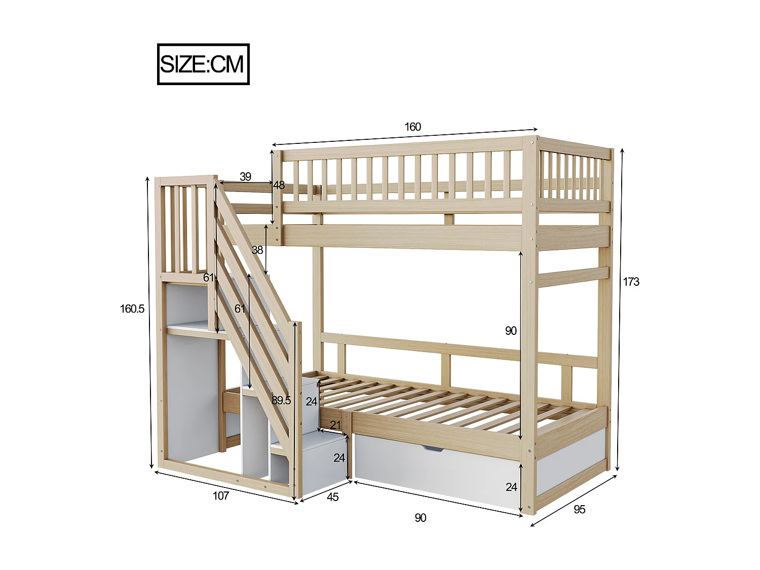 Stapelbed van massief hout 140x200 cm met ladder, bureau, planken en kledingkast, wit (205x95x173 cm)