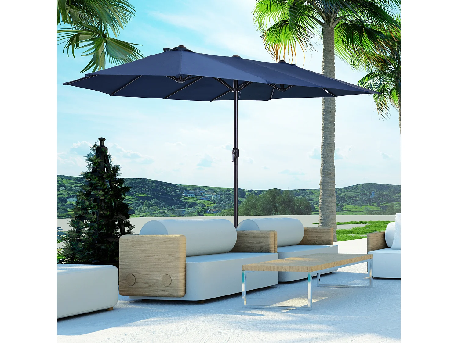 Parasol double avec manivelle, parasol de jardin, parasol de terrasse, bleu, en acier (460x270x240 cm)