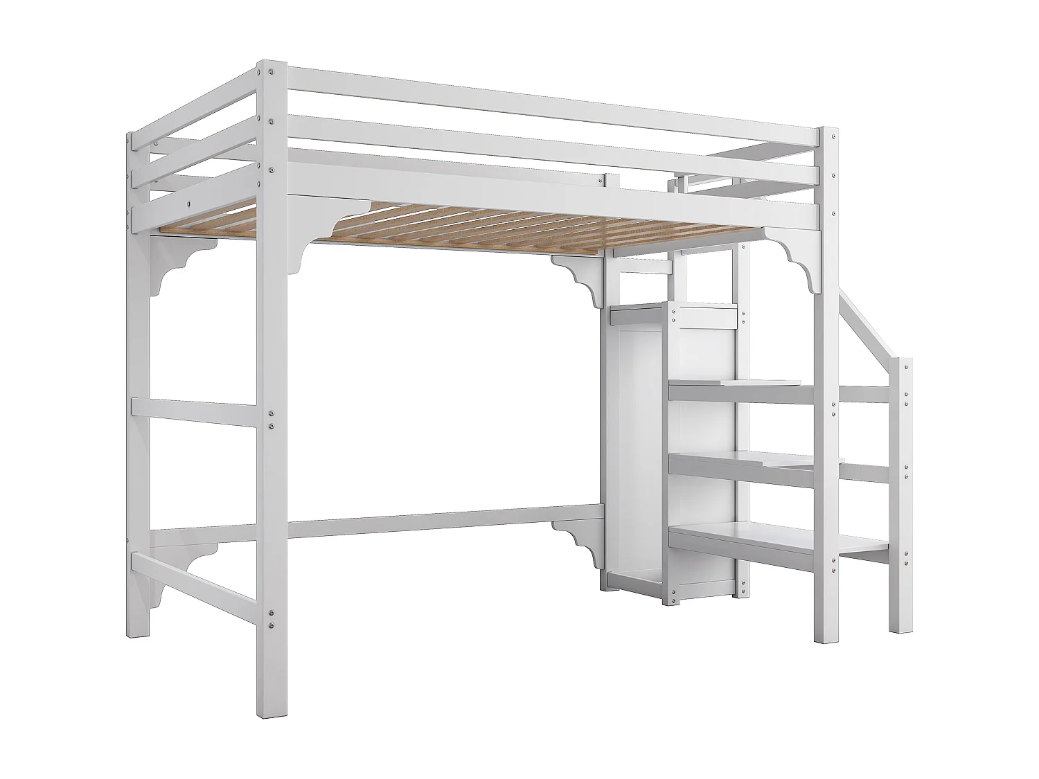 Stapelbed 140x200cm met opbergruimte, stabiele ladder, met kledingkast, wit (245x145x175 cm)