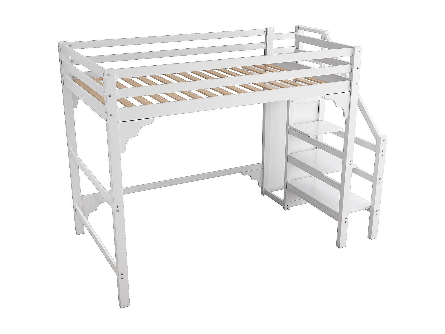 Lit superposé 140x200cm avec rangement, échelle stable, avec armoire, blanc (245x145x175 cm)