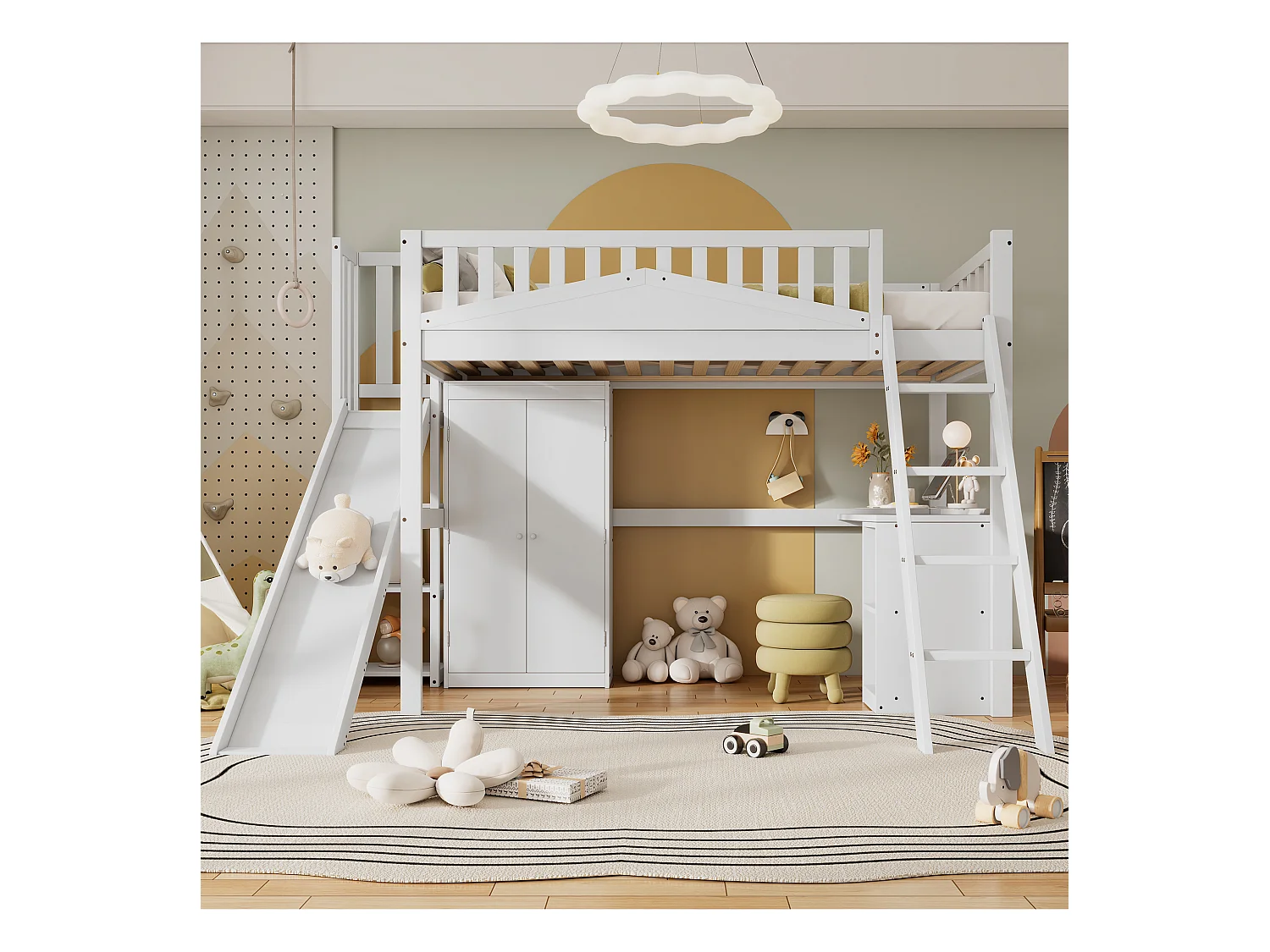 Letto a castello per bambini con scaletta e contenitore, struttura in pino e MDF, bianco e naturale, 90x200 cm