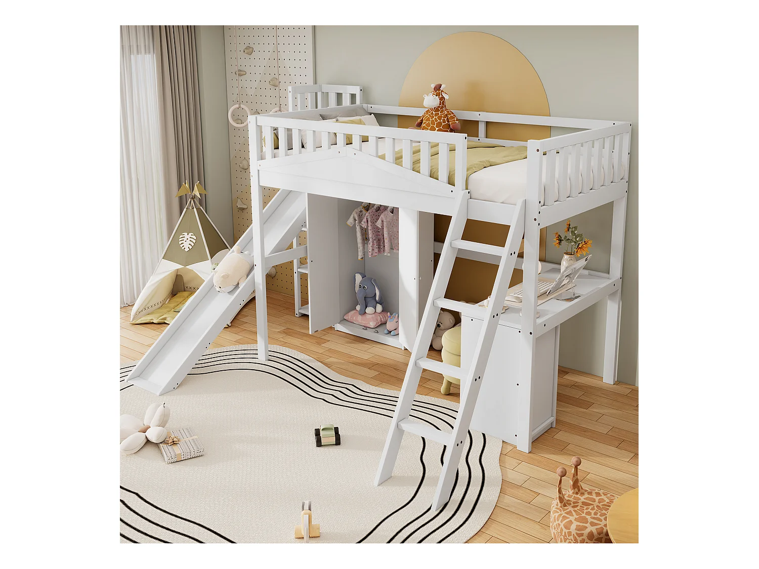 Letto a castello per bambini con scaletta e contenitore, struttura in pino e MDF, bianco e naturale, 90x200 cm