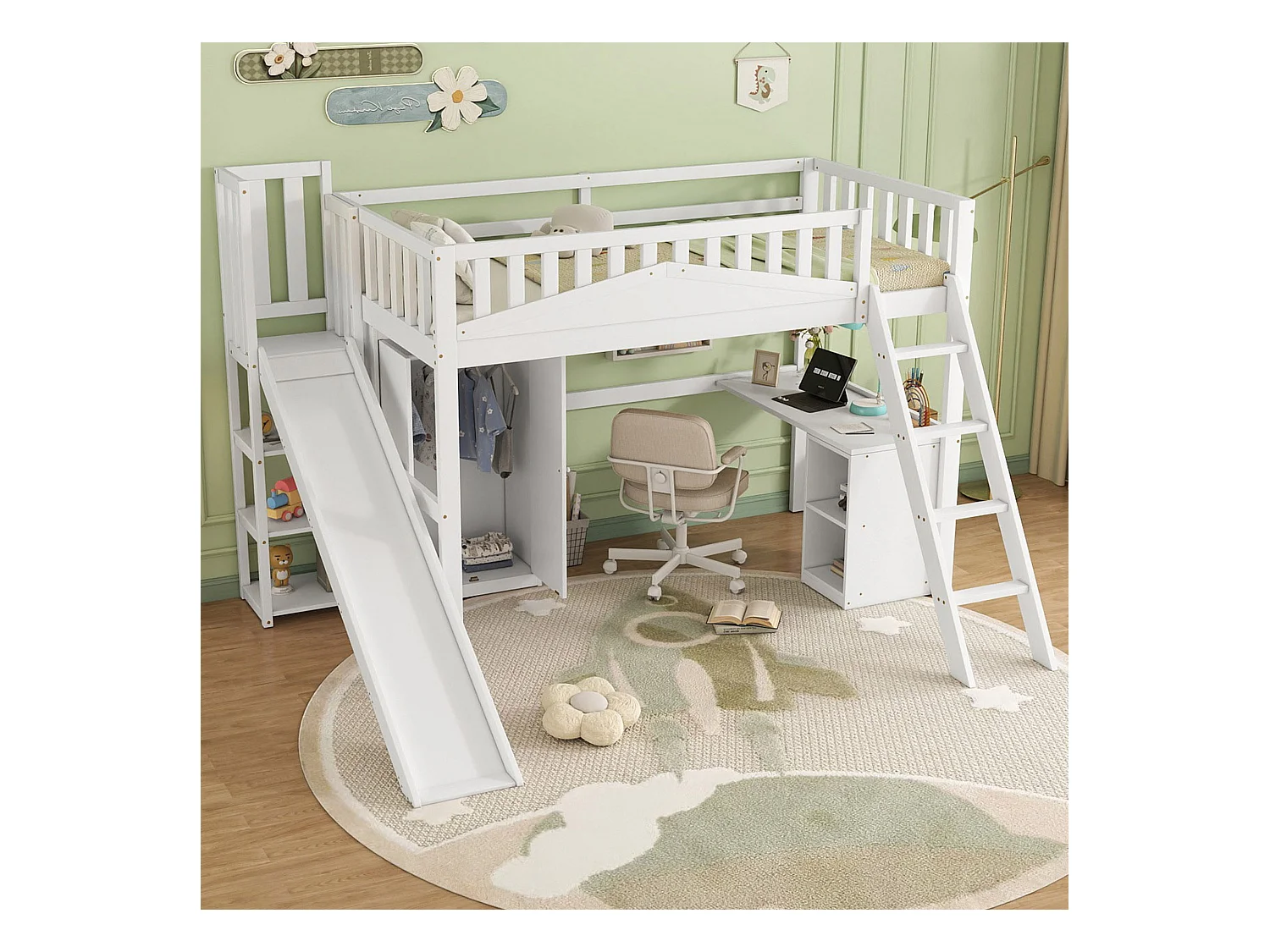 Letto a castello per bambini con scaletta e contenitore, struttura in pino e MDF, bianco e naturale, 90x200 cm