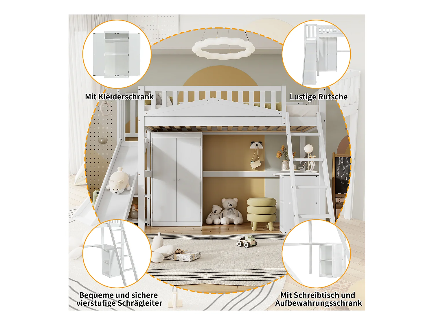Letto a castello per bambini con scaletta e contenitore, struttura in pino e MDF, bianco e naturale, 90x200 cm