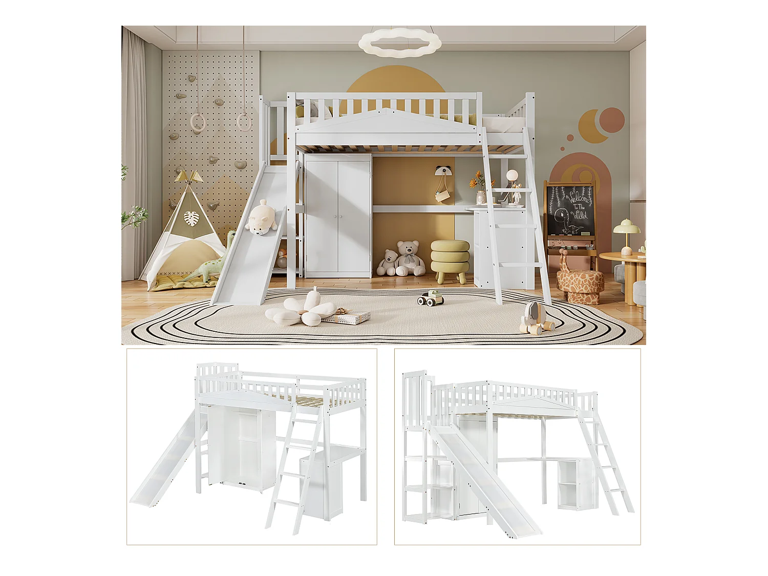 Letto a castello per bambini con scaletta e contenitore, struttura in pino e MDF, bianco e naturale, 90x200 cm