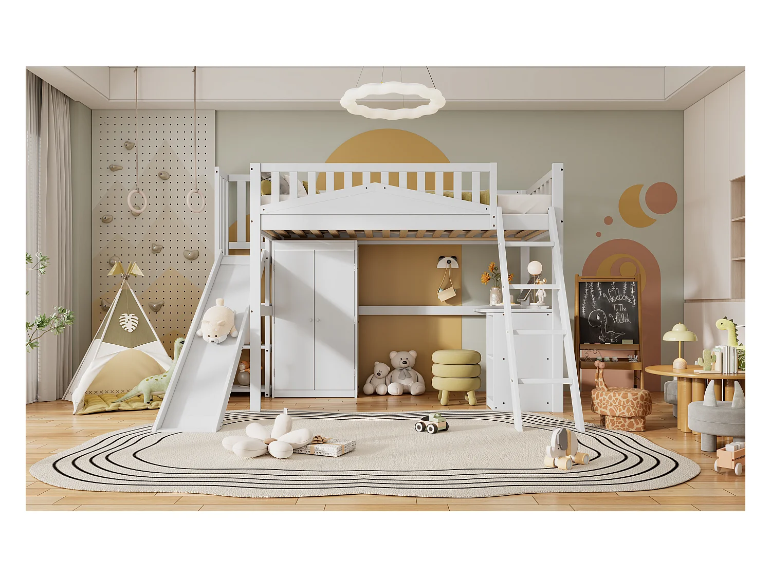 Letto a castello per bambini con scaletta e contenitore, struttura in pino e MDF, bianco e naturale, 90x200 cm
