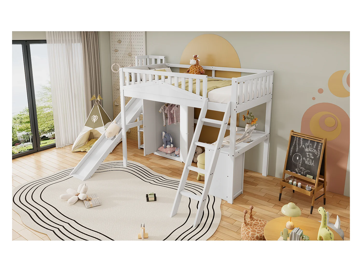 Letto a castello per bambini con scaletta e contenitore, struttura in pino e MDF, bianco e naturale, 90x200 cm