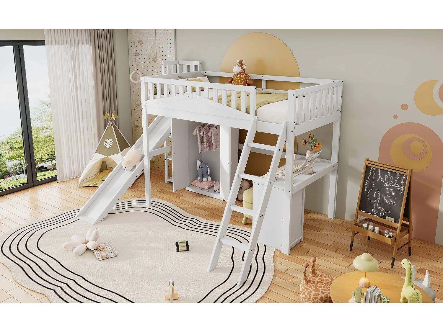 Lit superposé pour enfants avec échelle et rangement, structure en pin et MDF, blanc et naturel, 90x200 cm