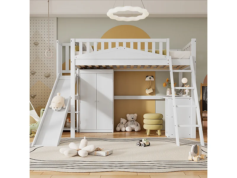 Lit superposé pour enfants avec échelle et rangement, structure en pin et MDF, blanc et naturel, 90x200 cm