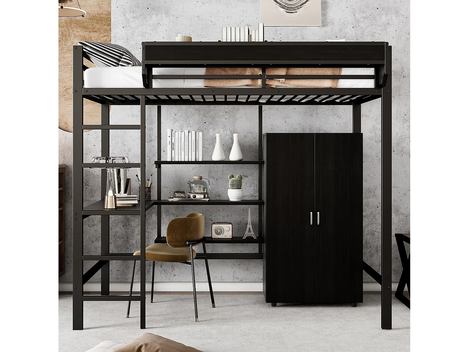 Lit superposé pour enfants avec bureau et armoire, cadre en métal et bois, noir et bois foncé, 90x200 cm