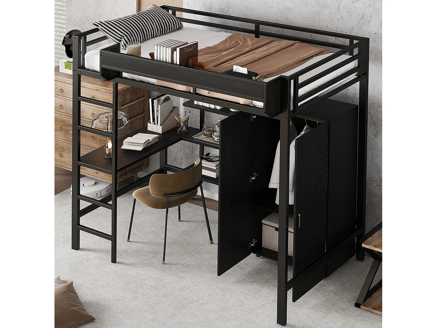 Lit superposé pour enfants avec bureau et armoire, cadre en métal et bois, noir et bois foncé, 90x200 cm