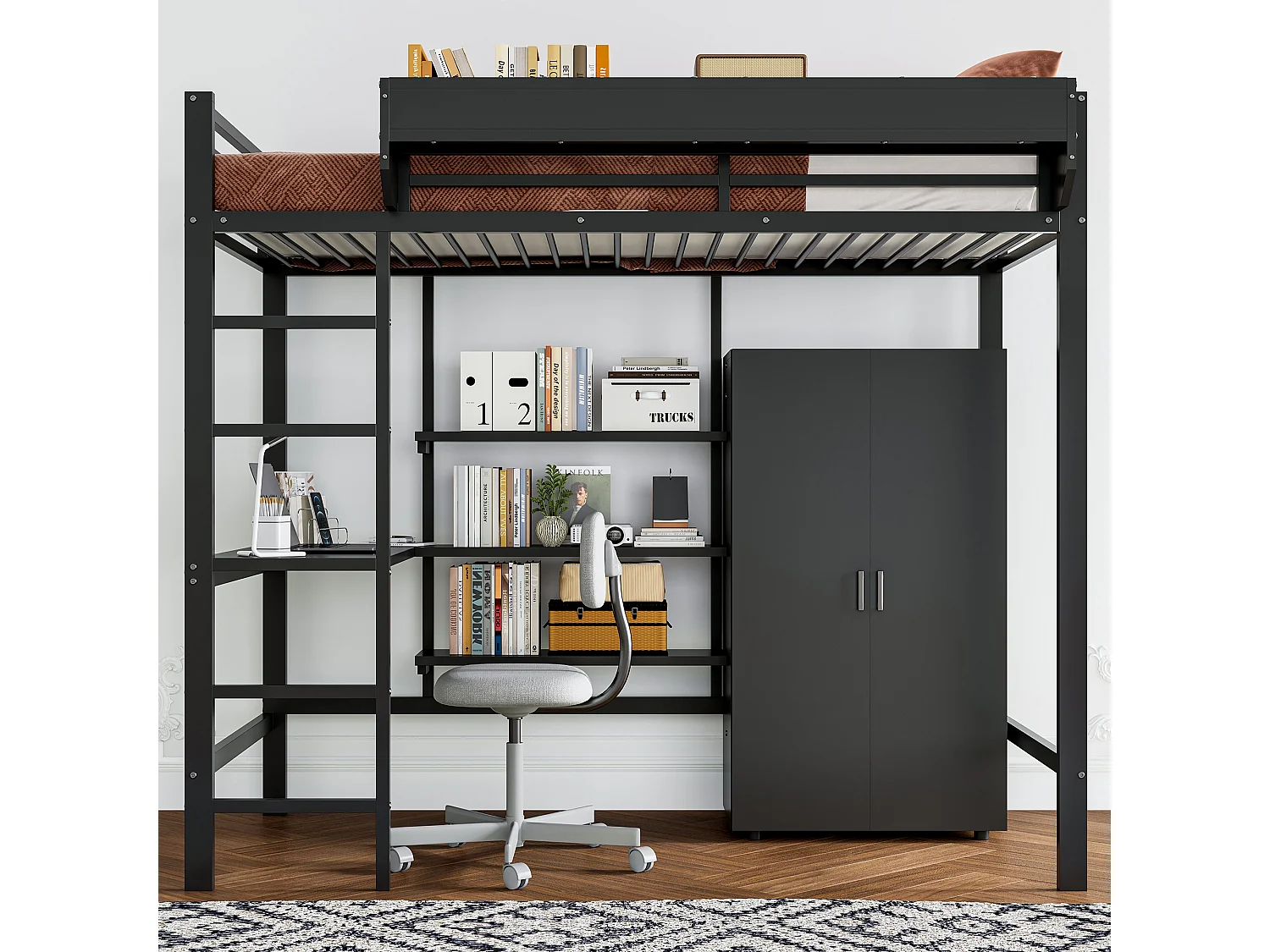 Lit superposé pour enfants avec bureau et armoire, cadre en métal et bois, noir et bois foncé, 90x200 cm