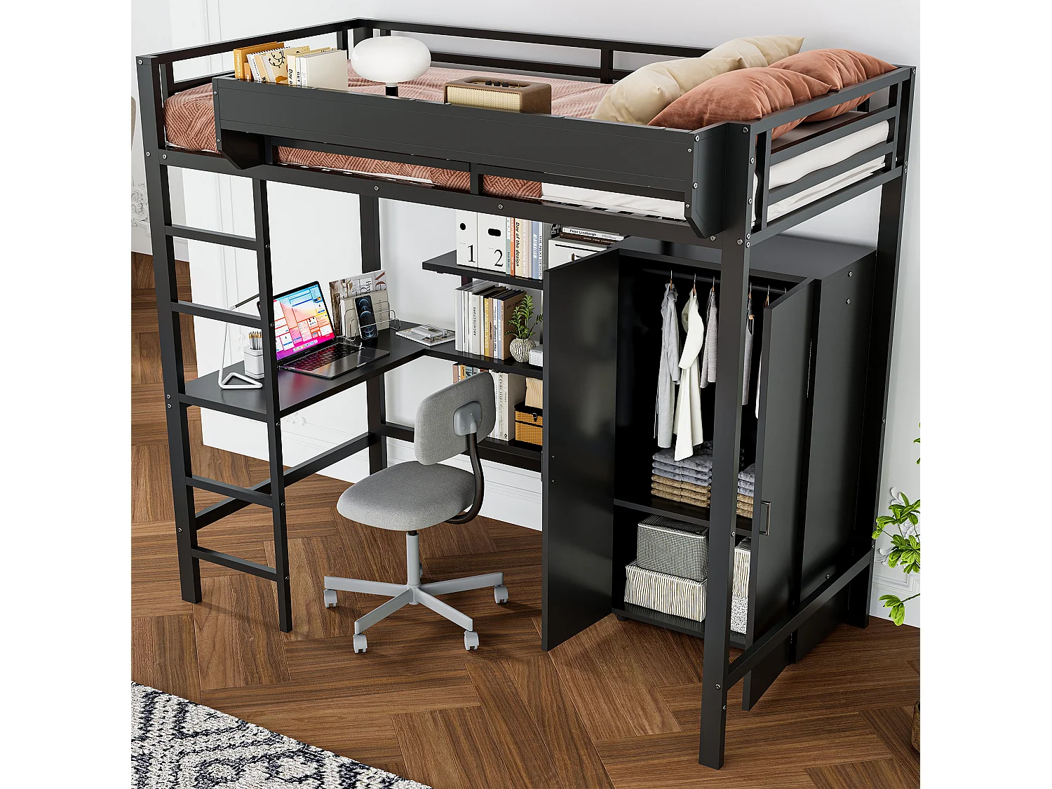 Lit superposé pour enfants avec bureau et armoire, cadre en métal et bois, noir et bois foncé, 90x200 cm