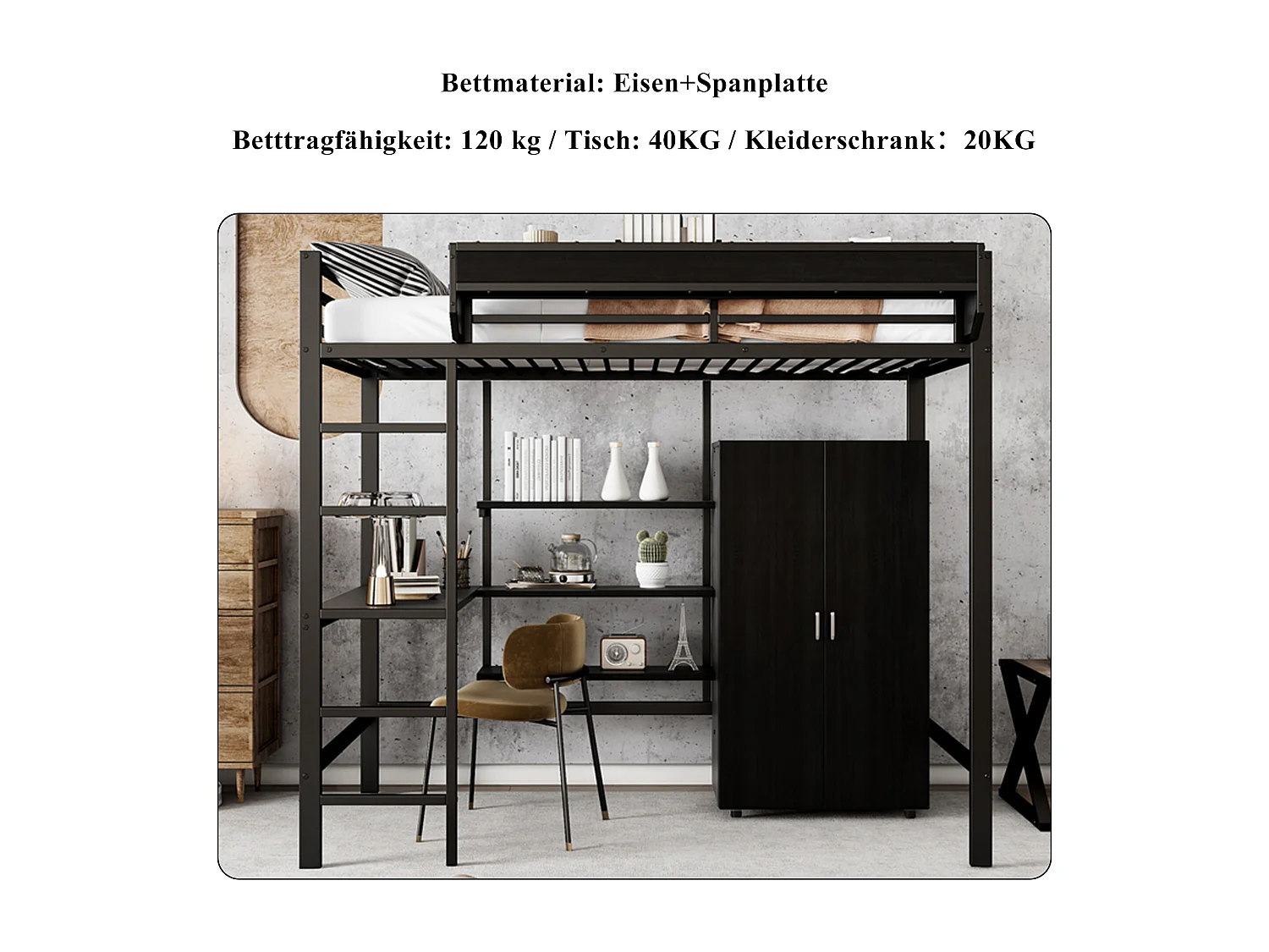 Lit superposé pour enfants avec bureau et armoire, cadre en métal et bois, noir et bois foncé, 90x200 cm