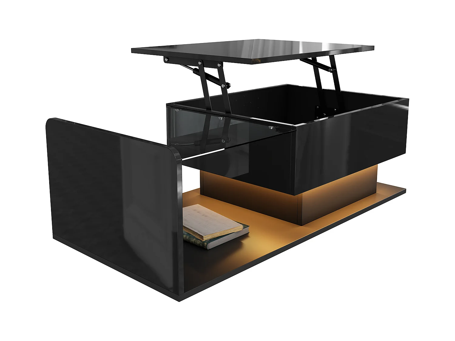 Table basse brillante - 100 x 50 x 33/47.5 cm - vec plateau en verre + Leds + rangement - aggloméré - noir