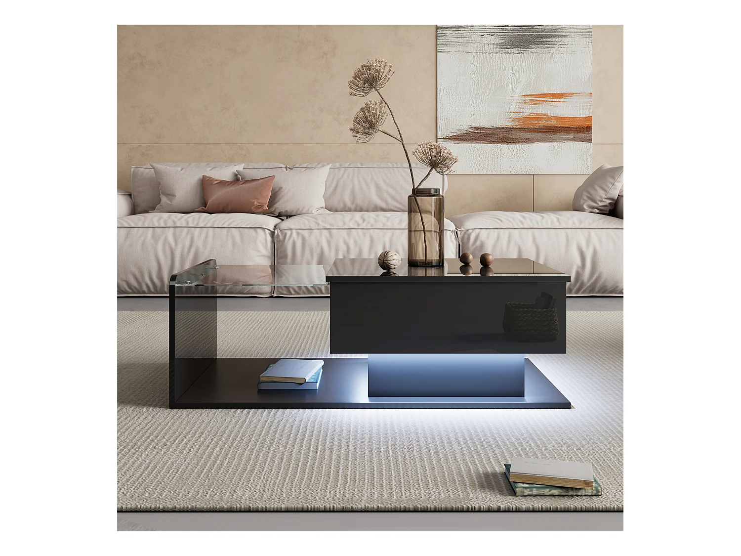 Couchtisch glänzend - 100 x 50 x 33/47,5 cm - mit Glasplatte + LEDs + Ablage - Spanplatte - Schwarz