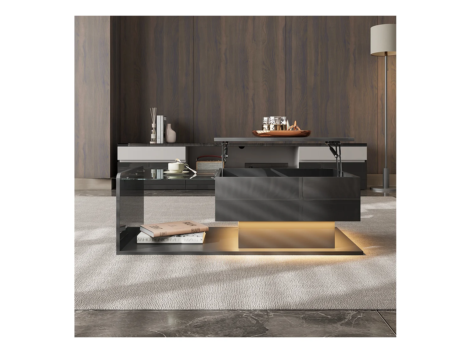 Couchtisch glänzend - 100 x 50 x 33/47,5 cm - mit Glasplatte + LEDs + Ablage - Spanplatte - Schwarz