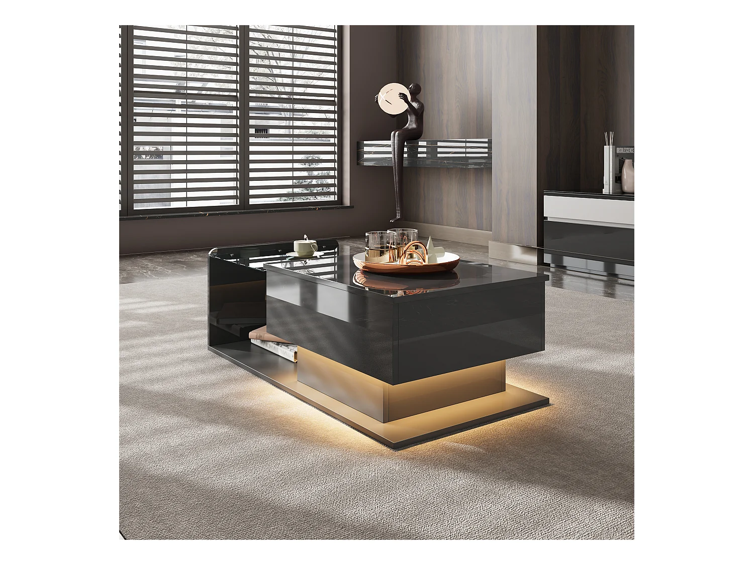 Couchtisch glänzend - 100 x 50 x 33/47,5 cm - mit Glasplatte + LEDs + Ablage - Spanplatte - Schwarz