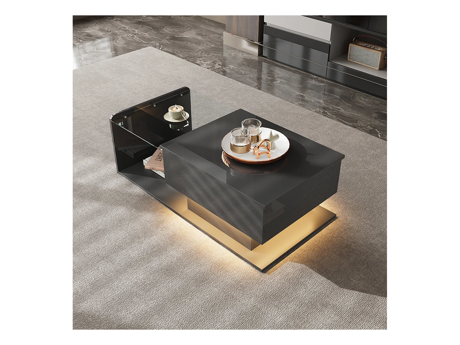 Couchtisch glänzend - 100 x 50 x 33/47,5 cm - mit Glasplatte + LEDs + Ablage - Spanplatte - Schwarz