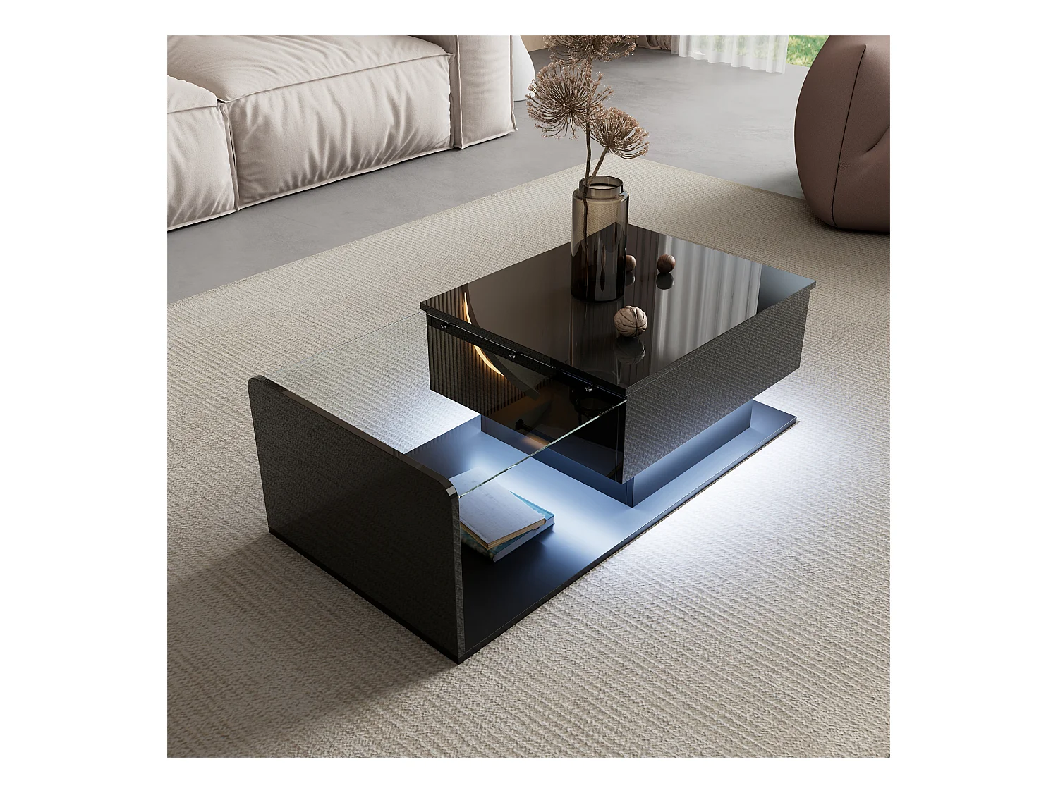Couchtisch glänzend - 100 x 50 x 33/47,5 cm - mit Glasplatte + LEDs + Ablage - Spanplatte - Schwarz