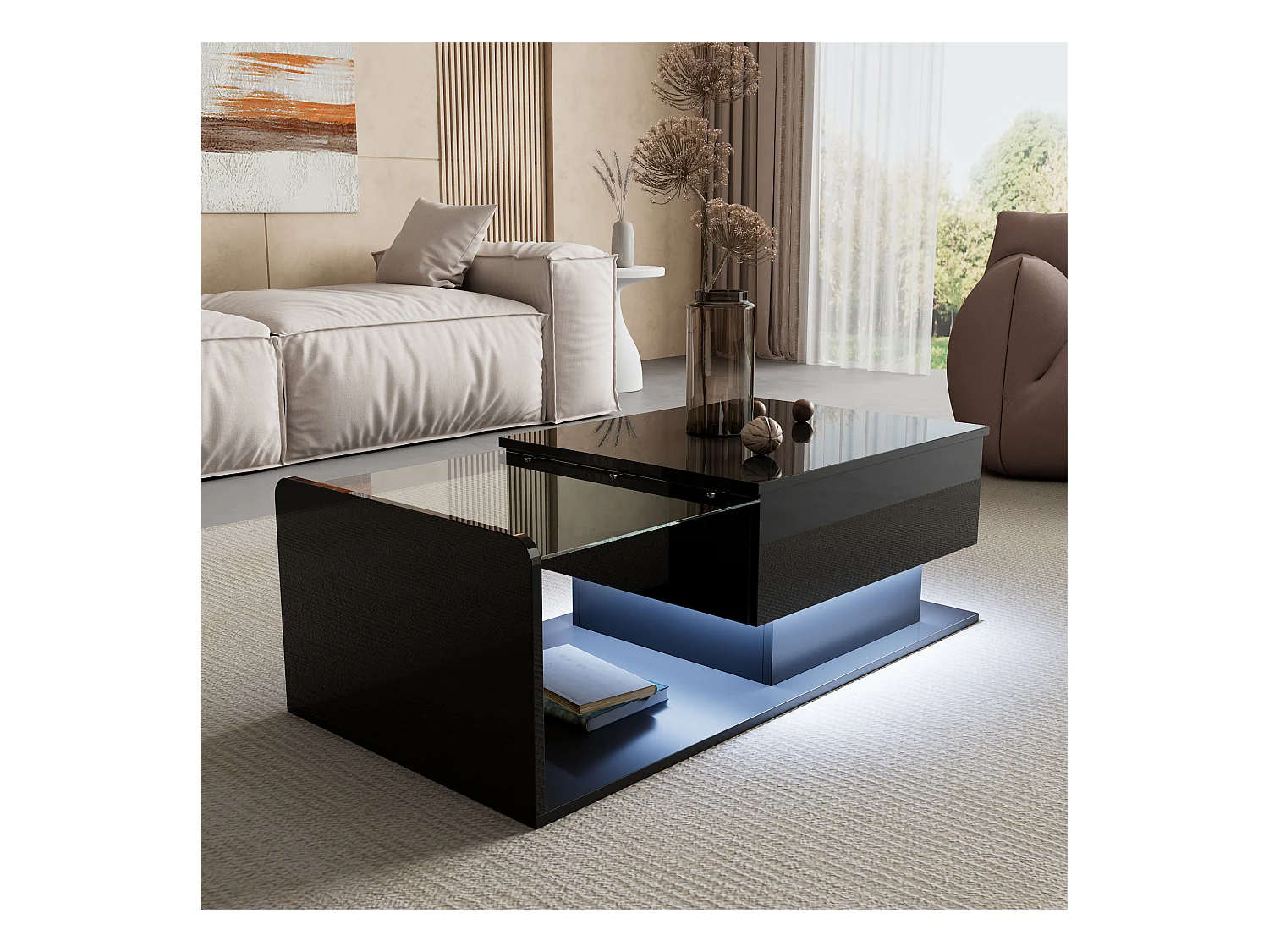 Couchtisch glänzend - 100 x 50 x 33/47,5 cm - mit Glasplatte + LEDs + Ablage - Spanplatte - Schwarz