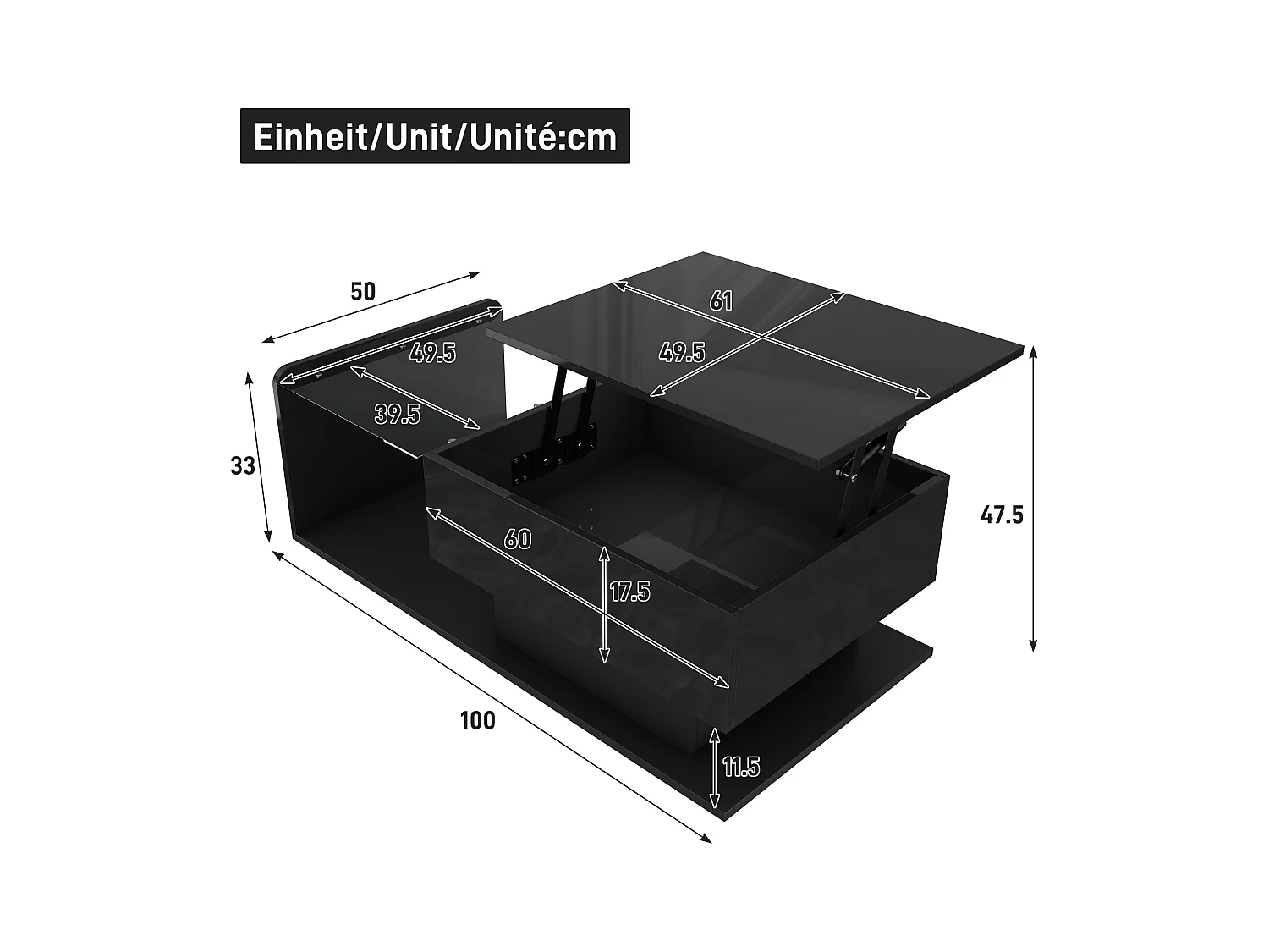 Couchtisch glänzend - 100 x 50 x 33/47,5 cm - mit Glasplatte + LEDs + Ablage - Spanplatte - Schwarz