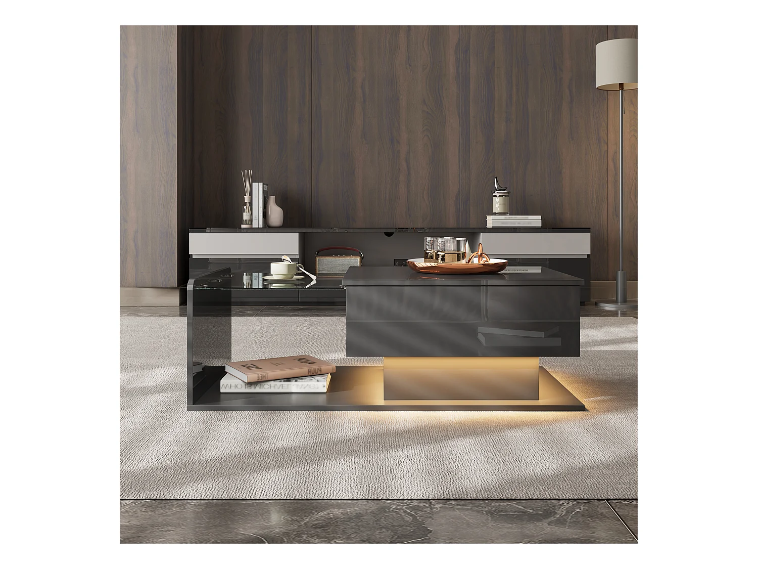 Couchtisch glänzend - 100 x 50 x 33/47,5 cm - mit Glasplatte + LEDs + Ablage - Spanplatte - Schwarz