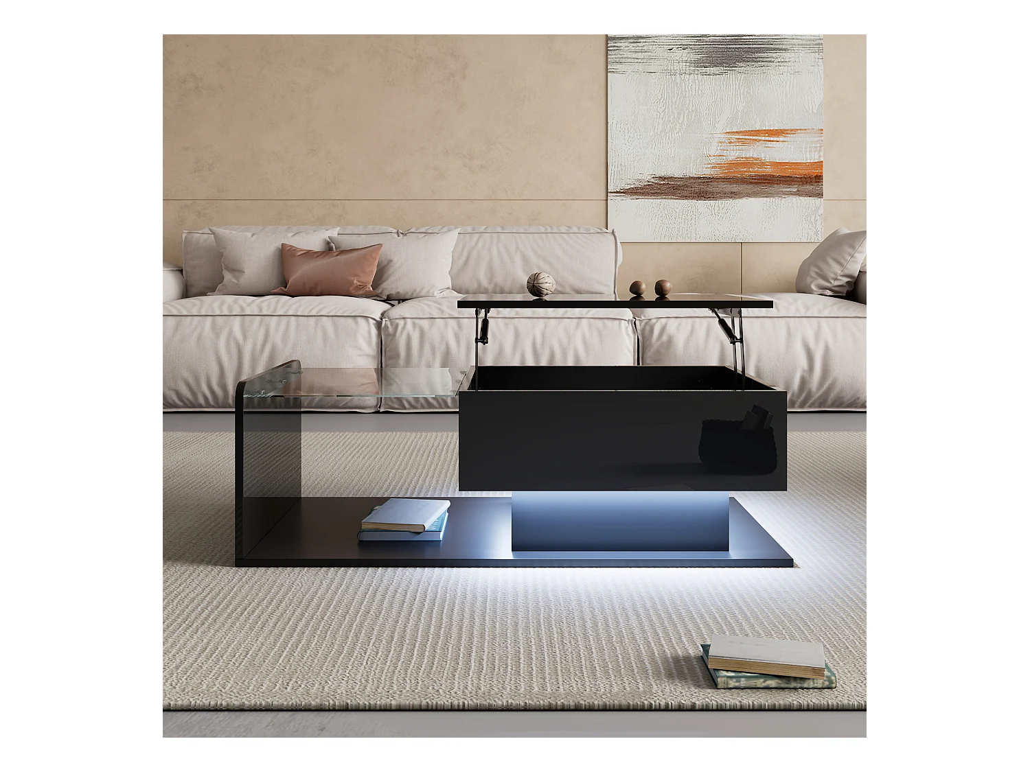 Couchtisch glänzend - 100 x 50 x 33/47,5 cm - mit Glasplatte + LEDs + Ablage - Spanplatte - Schwarz