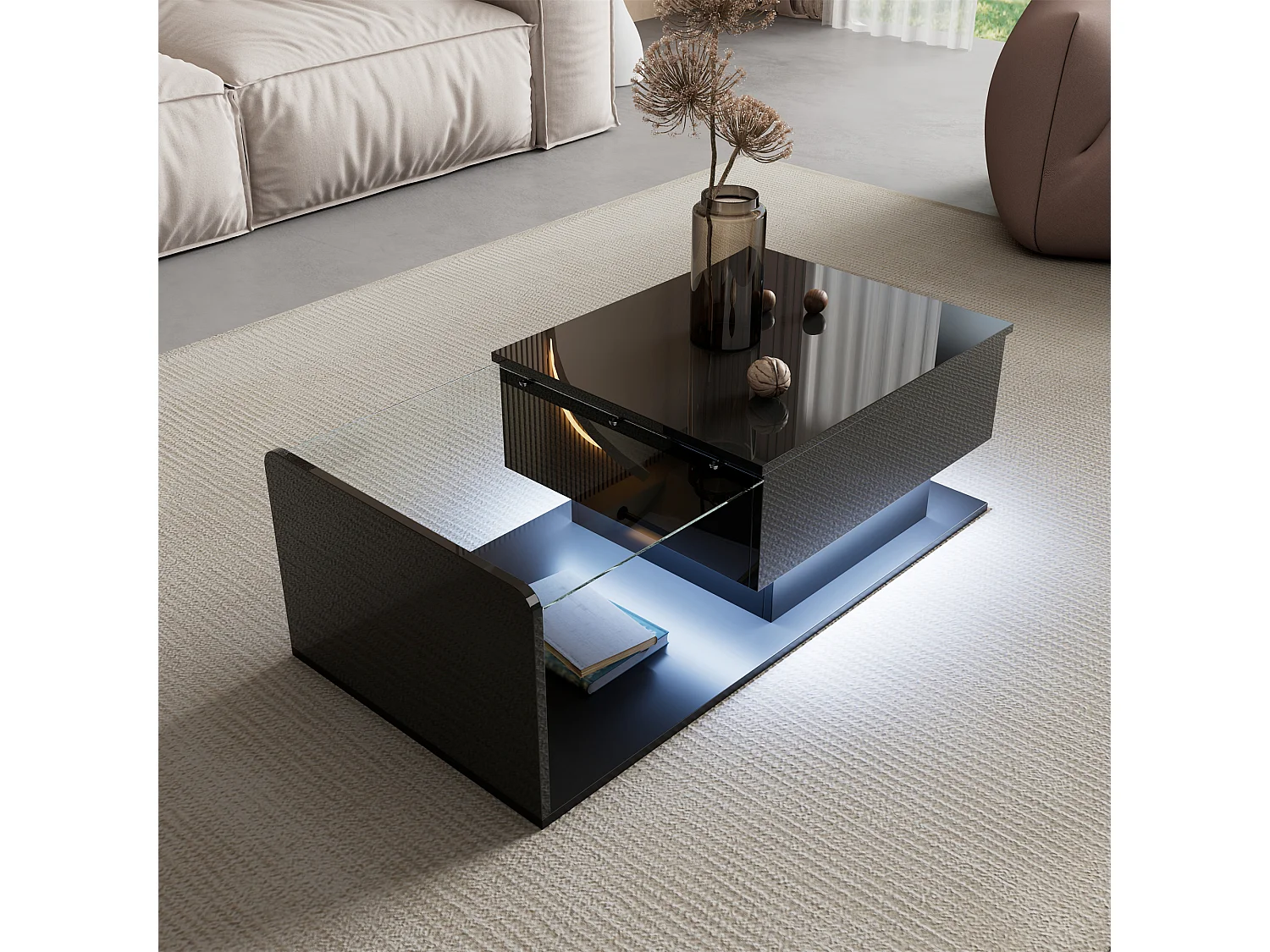 Table basse brillante - 100 x 50 x 33/47.5 cm - vec plateau en verre + Leds + rangement - aggloméré - noir