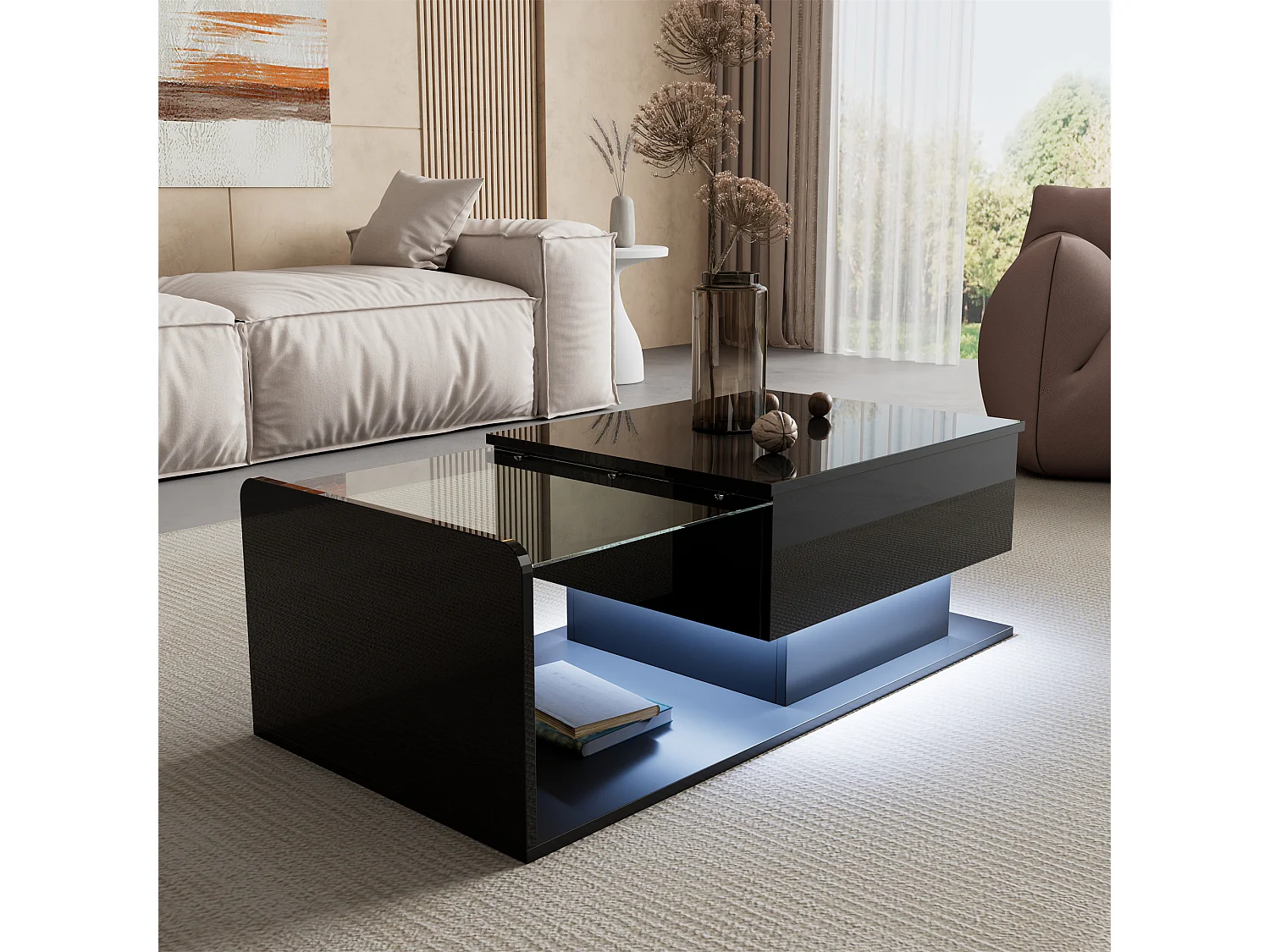 Table basse brillante - 100 x 50 x 33/47.5 cm - vec plateau en verre + Leds + rangement - aggloméré - noir