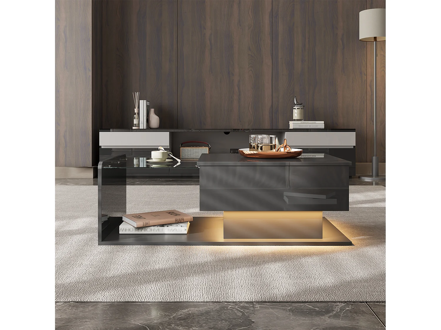 Table basse brillante - 100 x 50 x 33/47.5 cm - vec plateau en verre + Leds + rangement - aggloméré - noir