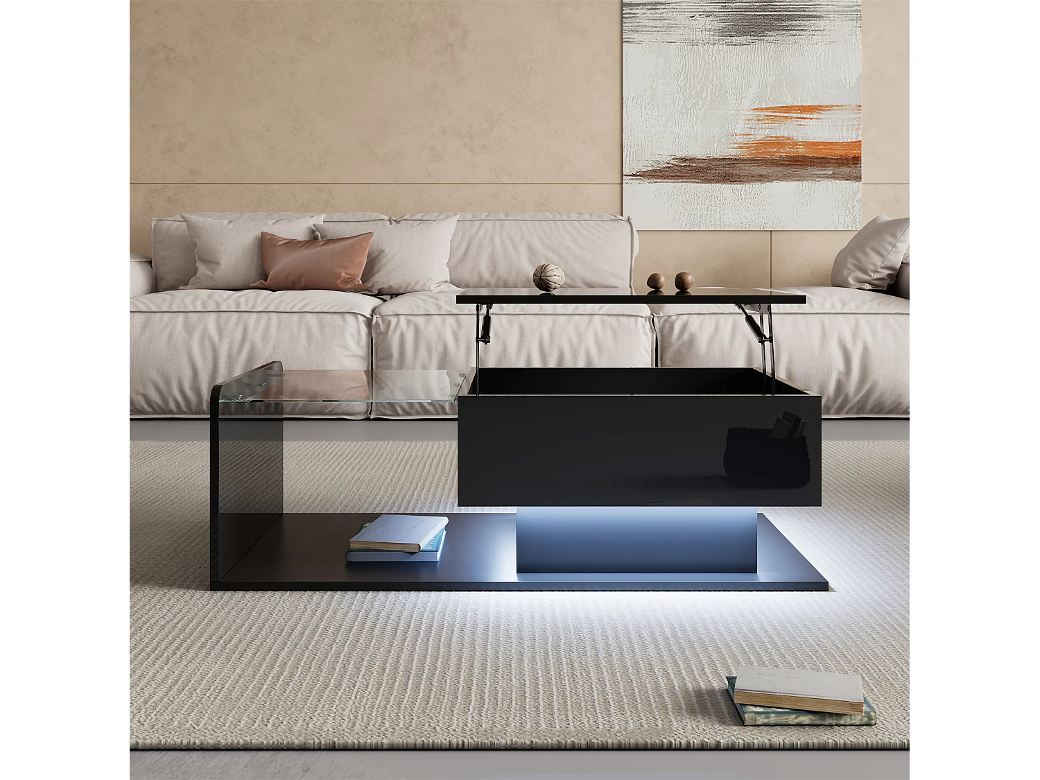 Table basse brillante - 100 x 50 x 33/47.5 cm - vec plateau en verre + Leds + rangement - aggloméré - noir