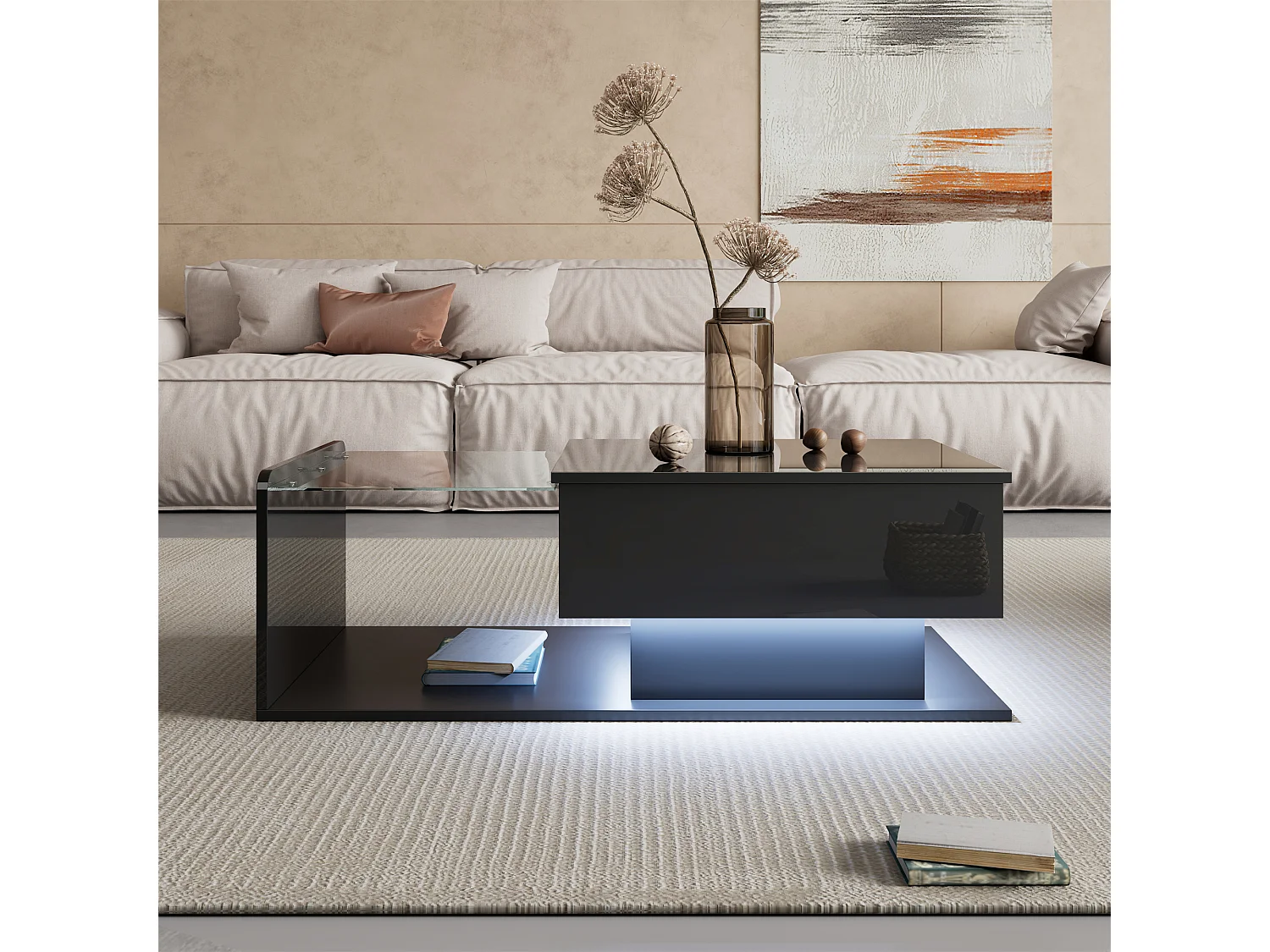 Table basse brillante - 100 x 50 x 33/47.5 cm - vec plateau en verre + Leds + rangement - aggloméré - noir
