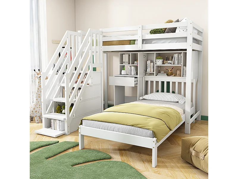 Multifunctioneel kinderstapelbed met bureau en planken, hout, wit (90x200 cm)