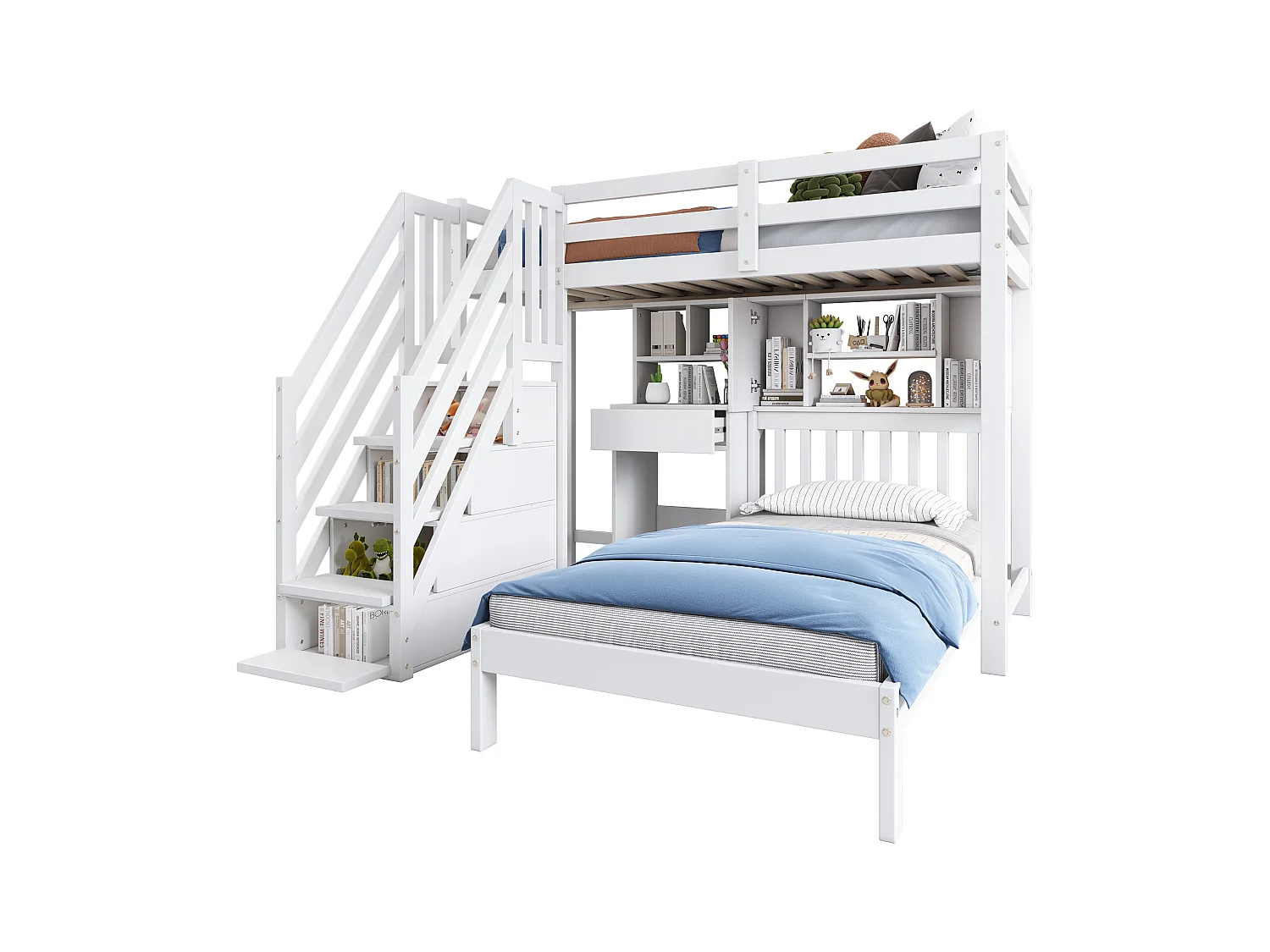Lit superposé multifonction pour enfants, avec bureau et étagères, en bois, blanc (90x200 cm)