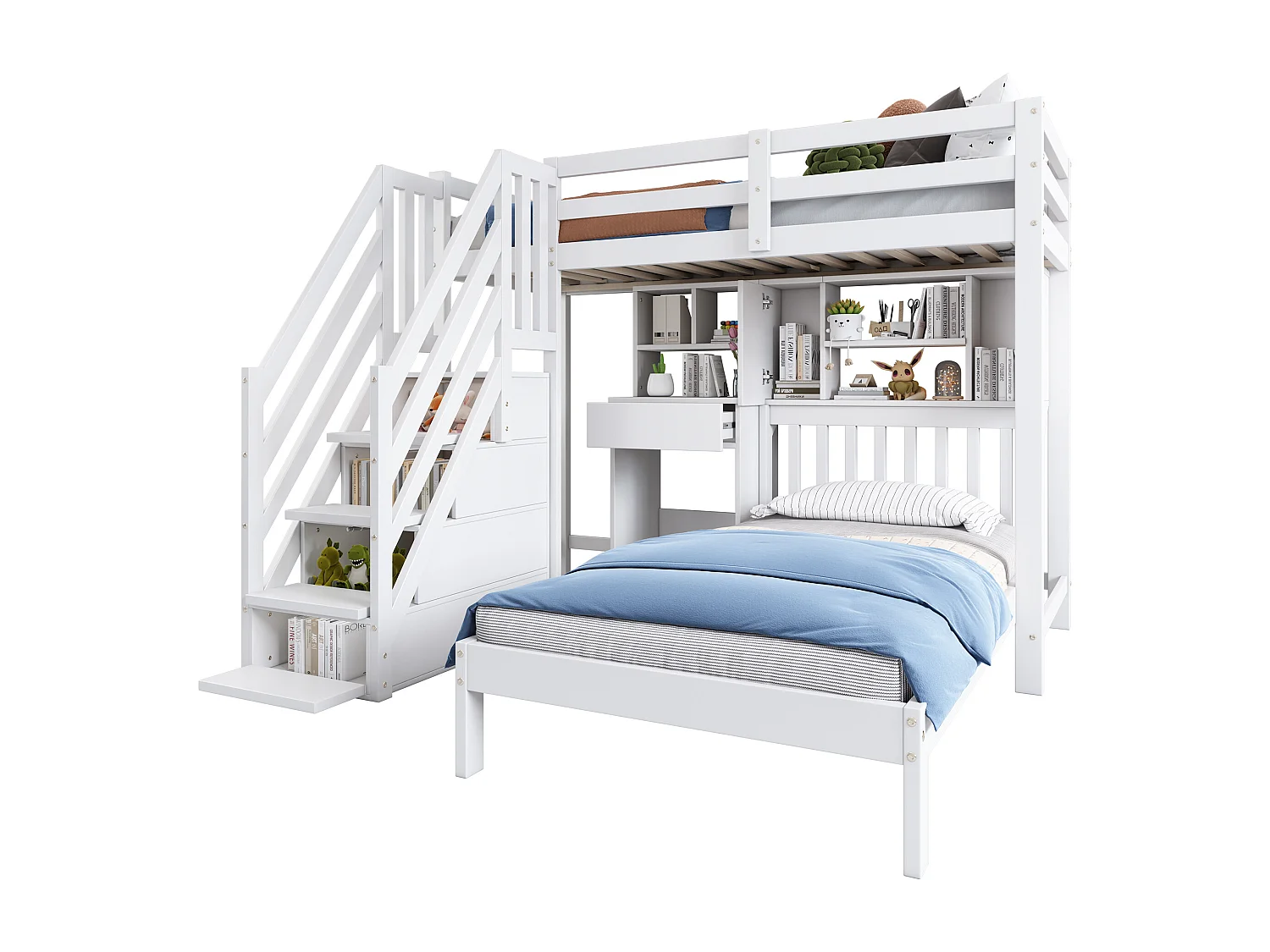 Lit superposé multifonction pour enfants, avec bureau et étagères, en bois, blanc (90x200 cm)