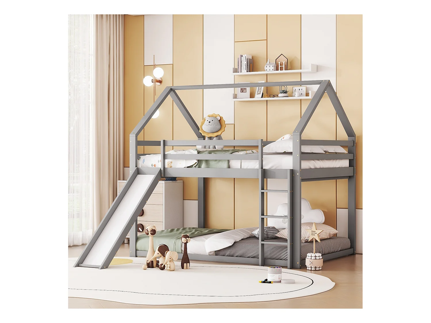 Letto a castello per bambini, a forma di casa con scivolo e scaletta, 140x200 cm, in metallo e legno di pino, grigio (205x270x189 cm)