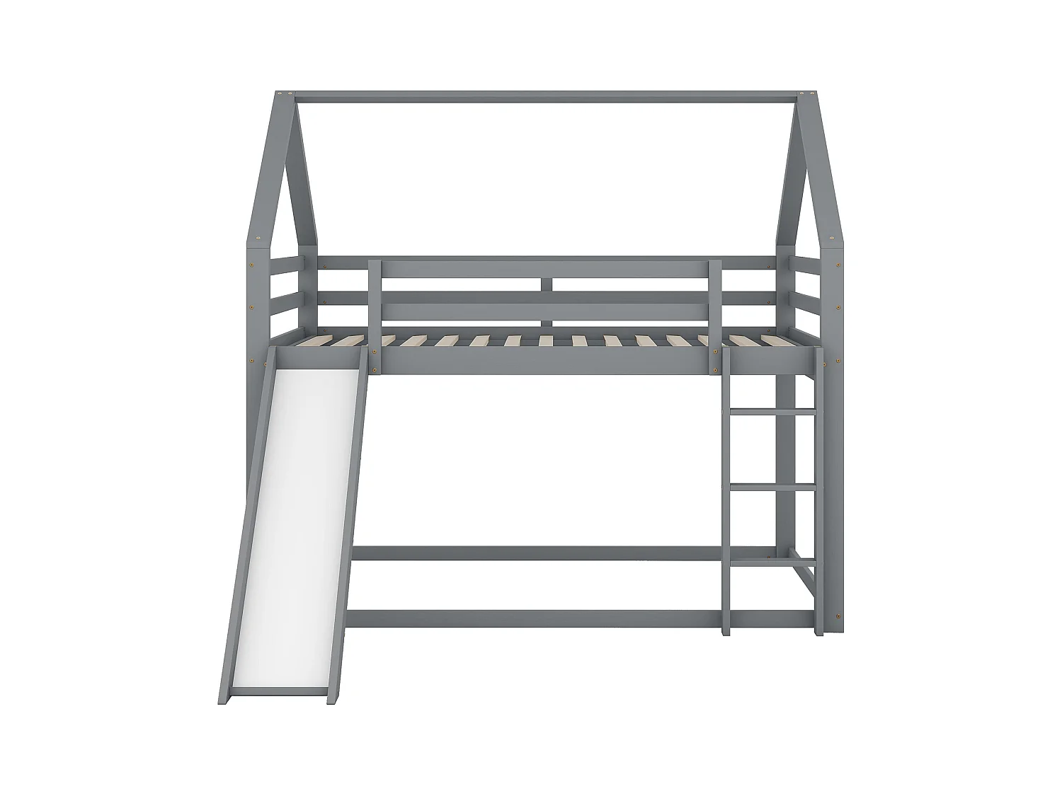 Lit superposé pour enfants, lit à forme de maison avec toboggan et échelle, 140x200 cm, métal et bois de pin, gris (205x270x189 cm)